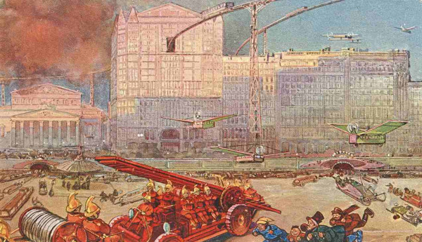 &laquo;На аэросалазках шмыгают сбитенщики&raquo;: Москва 22-23 веков на открытках 1914 года